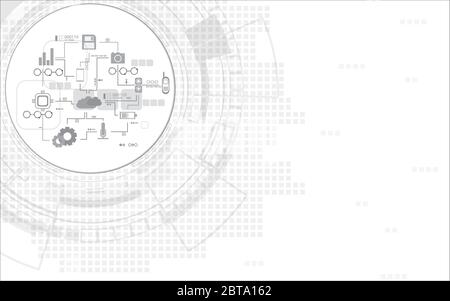 Digital communication network system computer design elements, Gray and white circle geometric technology abstract background. Stock Vector