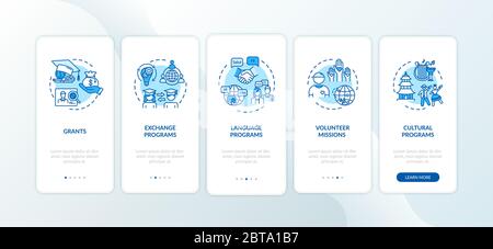 Global exchange program onboarding mobile app page screen with concepts Stock Vector