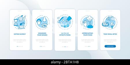 Eating rules, healthy nutrition onboarding mobile app page screen with concepts. Noticing effects food walkthrough 5 steps graphic instructions. UI Stock Vector