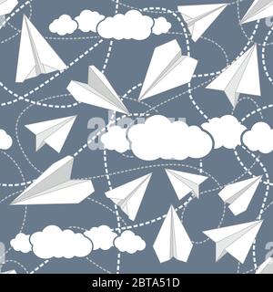 Paper planes seamless vector pattern. Repeating abstract background with paper planes. Papercraft airplanes texture. Paper planes flying in clouds. Stock Vector