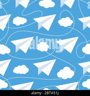 Paper planes seamless vector pattern. Repeating abstract background with paper planes. Papercraft airplanes texture. Paper planes flying in clouds. Stock Vector