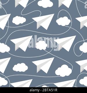 Paper planes seamless vector pattern. Repeating abstract background with paper planes. Papercraft airplanes texture. Paper planes flying in clouds. Stock Vector