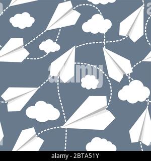 Paper planes seamless vector pattern. Repeating abstract background with paper planes. Papercraft airplanes texture. Paper planes flying in clouds. Stock Vector