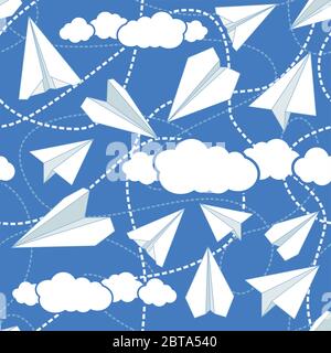 Paper planes seamless vector pattern. Repeating abstract background with paper planes. Papercraft airplanes texture. Paper planes flying in clouds. Stock Vector