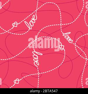 Vector seamless pattern with love words, hearts and tangled dashed lines. Repeating abstract background for romantic design. Love conceptual texture. Stock Vector