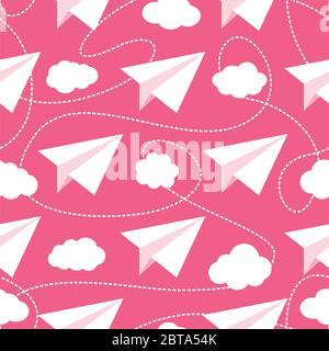 Paper planes seamless vector pattern. Repeating abstract background with paper planes. Papercraft airplanes texture. Paper planes flying in clouds. Stock Vector