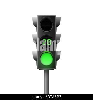Realistic green traffic light with countdown. Traffic Laws. Isolated vector illustration Stock Vector