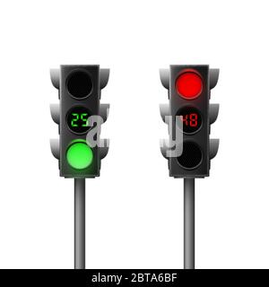Realistic green and red traffic lights with countdown. Traffic Laws. Isolated vector illustration Stock Vector