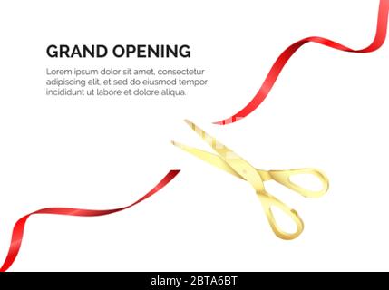 Golden scissors cut red silk ribbon. Grand opening ceremony. Start celebration. Vector realistic illustration isolated on white Stock Vector