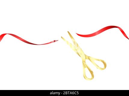 Grand opening ceremony. Golden scissors cut red silk ribbon. Start celebration. Vector realistic illustration isolated on white Stock Vector