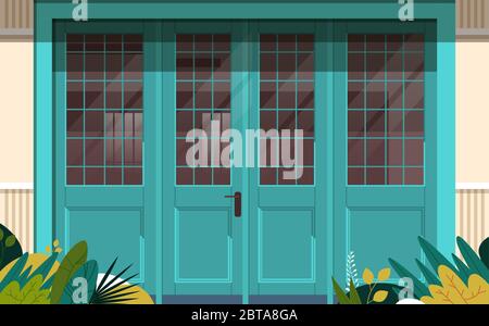 street cafe exterior modern coffee shop doors entrance no people restaurant facade closeup horizontal vector illustration Stock Vector
