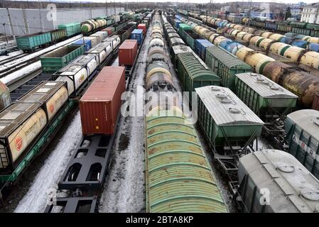 Freight trains from railway bridge at the Ufa railway station trains. Russia. railway platform and railway tracks, Stock Photo