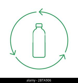Recycle bottle sign. Green plastic bottle in a circle with arrows. Green outline on white background. Reusable glass bottle symbol. Recycling material Stock Vector