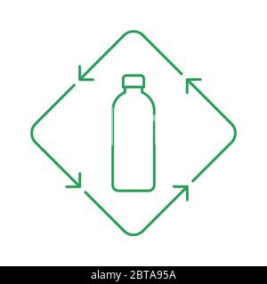 Recycling plastic or glass bottles sign. Green bottle in a rectangle with arrows. Sustainable lifestyle concept. Thin line icon. Green outline.Vector Stock Vector