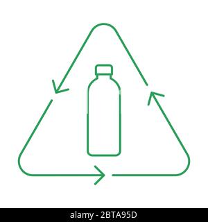 Recycle bottle thin line icon. Plastic bottle in a triangle with arrows. Reusable glass bottle sign. Green outline on white background. Vector Stock Vector