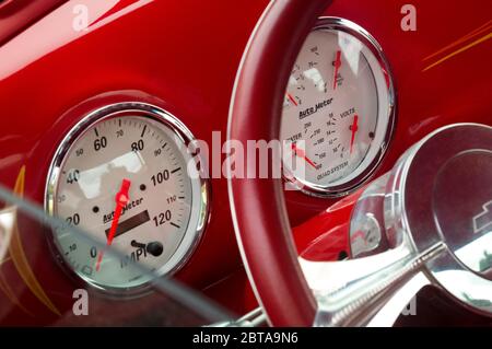 TORONTO, CANADA - 08 18 2018: Auto Meter dials for speed, fuel, oil, water, volts on front panel of Chevrolet Thriftmaster pikup truck oldtimer car on Stock Photo