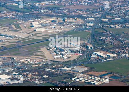 Aerial view of Bristol Airport, Avon, North Somerset, southern England from airplane Stock Photo