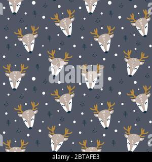 Seamless pattern with reindeer faces on dark background. Cute children textile design. Vetor illustration. Stock Vector