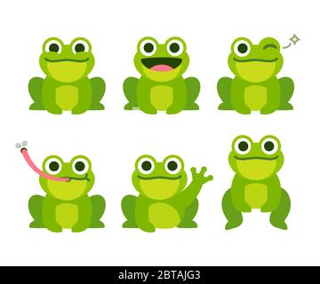 Cute cartoon frog set, animation frames. Adorable little froggy smiling, jumping, croaking, waving and catching fly with tongue. Simple flat style vec Stock Vector