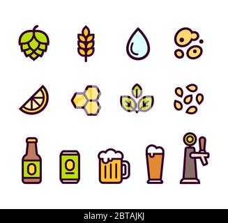 Beer icon set. Beer brewing ingredients and flavorings, serving glasses and containers. Simple cartoon line icons, vector illustration. Stock Vector