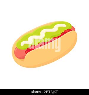 Hot dog with tomato, avocado and mayo. Traditional fast food sandwich, popular in Chile as "Completo Italiano". Flat cartoon style isolated vector ill Stock Vector