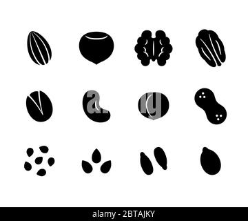 Nuts and seeds icon set. Solid black cartoon style icons, isolated vector clip art illustration. Stock Vector