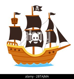 Cartoon pirate ship illustration with skull and crossbones flag and black sails. Cute vector clip art drawing. Stock Vector