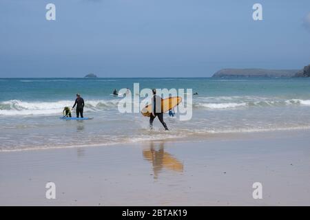 Harlyn Bay, Cornwall, UK. 24th May 2020. UK Weather. Hot and sunny on the North Cornwall coast, but relatively quiet considering it is a bank holiday Sunday. Credit Simon Maycock / Alamy Live News. Stock Photo