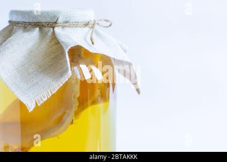 Kombucha Healthy natural probiotic drink in a glass jar and a glass. On a white background with space for text. Selective focus. Close-up side view Stock Photo