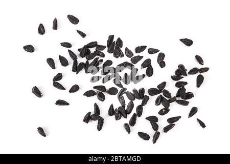 Nigella sativa or Black cumin isolated on white background. Top view. Flat lay. Stock Photo