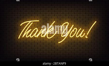 Yellow neon Thank You, lettering. Neon text of Thank You on black brick background. Night vivid lights. Word, inscription and title with glow illumina Stock Vector