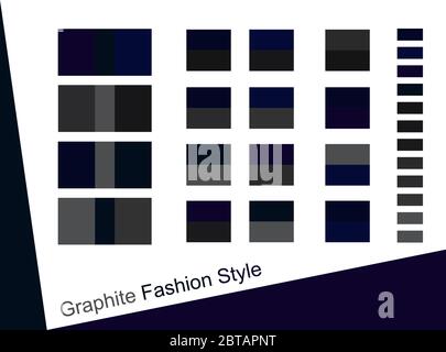 Graphite gray and navy blue color palette trend collection. Dark blue and dark gray sample scheme design. Design of interior, fashion, business ideass. Stock Vector