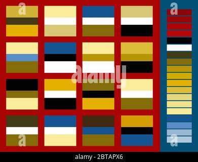 Bright colorful palette trend vector illustration 3 colors in 1 set. Golden, blue, white, beige and black samples scheme design. Color design Stock Vector