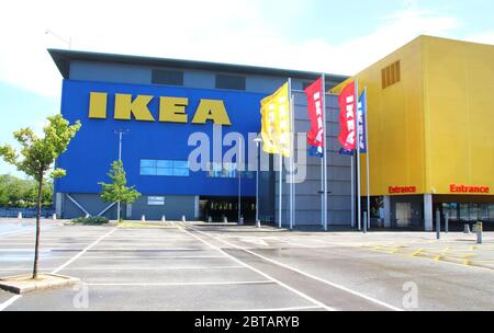 Milton Keynes, UK. 23rd May, 2020. IKEA logo seen at one of their stores.Furniture giant Ikea announced that they will re-open 19 of its stores across England and Northern Ireland on 1 June and Milton Keynes is also inclusive on the list. Credit: Keith Mayhew/SOPA Images/ZUMA Wire/Alamy Live News Stock Photo