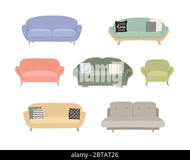 Sofa colored vector set. Comfortable couch collection isolated on white background for interior design. Stock Vector