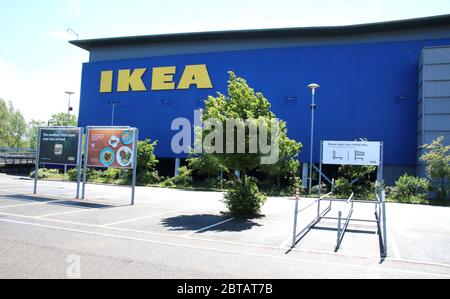 Milton Keynes, UK. 23rd May, 2020. IKEA logo seen at one of their stores.Furniture giant Ikea announced that they will re-open 19 of its stores across England and Northern Ireland on 1 June and Milton Keynes is also inclusive on the list. Credit: Keith Mayhew/SOPA Images/ZUMA Wire/Alamy Live News Stock Photo