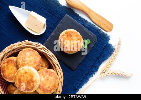 Food concept Homemade browned crust butter milk American biscuits or Scones with copy space Stock Photo