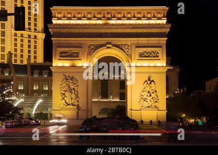 Las Vegas, Nevada - August 29, 2019: Arc de Triomphe at Paris Las Vegas Hotel and Casino at night in Las Vegas, Nevada, United States. Stock Photo