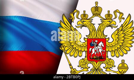 Russian flag with Coat of arms of Russia. Kremlin presidential Coat of arms  of Russia, 3d rendering. Russian eagle. Russian Presidential National embl  Stock Photo - Alamy