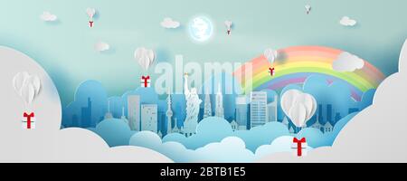 Paper art balloon gift of Panorama top world landmark city America travel.World famous countries America white paper cut style for travel holiday post Stock Vector