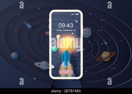 3D Paper art of Smartphone or mobile with launch rocket Startup for Solar system circle.Galaxy space exploring with satellite and planets concept on p Stock Vector