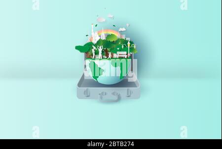 3D Paper art and craft of ecology Environment in suitcase concept your text space background. Eco friendly family in the earth.Using pastel colors tha Stock Vector