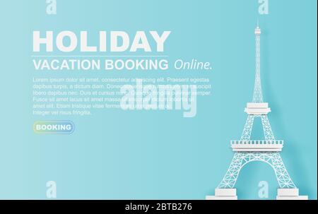 Paper art of Travel in holiday hotel booking Eiffel tower Paris city.website pastel color concept your text space background.Illustration of idea desi Stock Vector