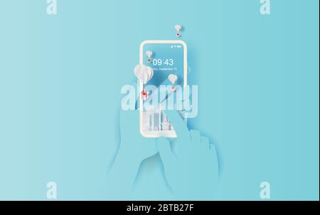 3D paper art and craft style of smartphone Online shopping balloon white floating and Gift Box on in the air blue sky.Your text space background vecto Stock Vector