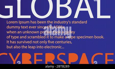 Global Cyberspace - 16x9 editable horizontal background template. Cropped letters and copy space. Blue gradient, orange, white colors. Stock Vector