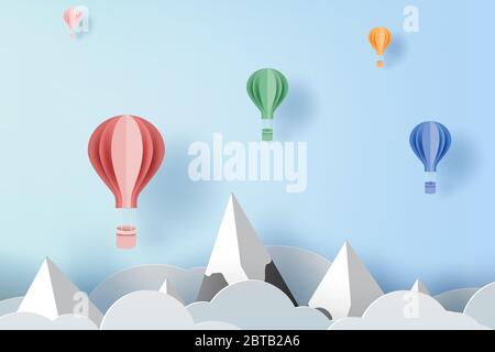 3D paper art and craft of balloon white floating on sky,Balloon with travel holiday Floating on air blue background,happy new years and merry Christma Stock Vector