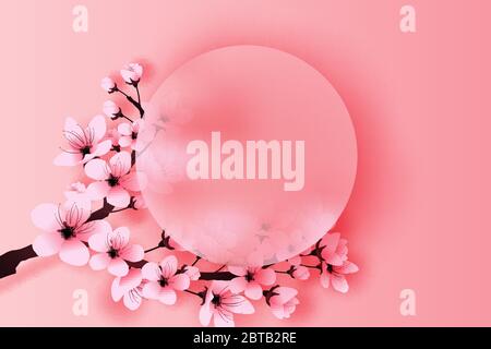 illustration of paper art and craft circle border spring season cherry blossom concept,Springtime with sakura branch, Floral Cherry blossom with pink Stock Vector