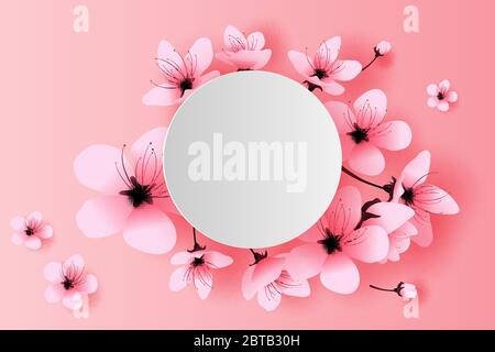 illustration of paper art and craft white circle spring season cherry blossom concept,Springtime with sakura branch, Floral Cherry blossom with pink f Stock Vector