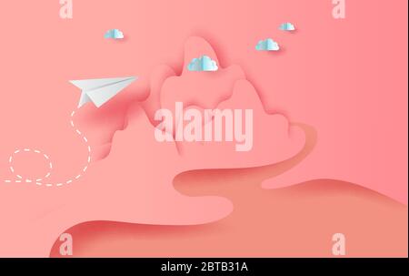 3D Paper art and craft of landscape  white paper airplanes flying on sky and clouds, Creative design paper cut airplanes for business success concept Stock Vector