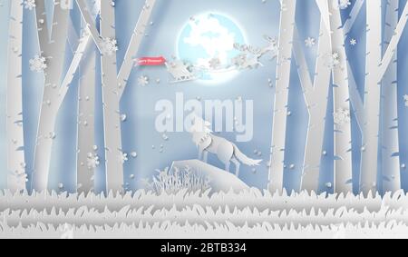 illustration of paper art Wolf howling on mountain at night winter season forest.Happy new year and Merry Christmas day,Snowfall Landscape forest in f Stock Vector